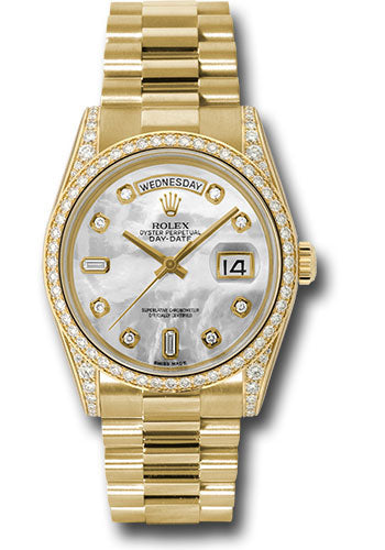 Rolex Yellow Gold Day-Date 36 Watch -  Bezel - White Mother-Of-Pearl Diamond Dial - President Bracelet - 118388 mdp