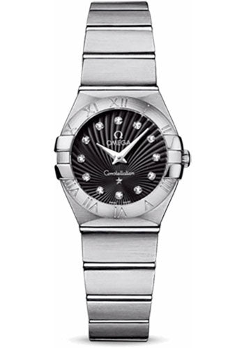 Omega Ladies Constellation Quartz Watch - 24 mm Brushed Steel Case - Black Diamond Dial - 123.10.24.60.51.001