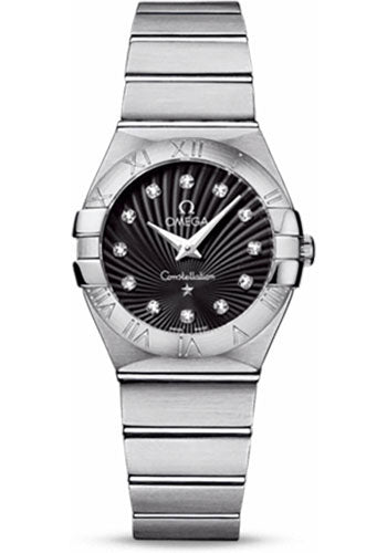 Omega Ladies Constellation Quartz Watch - 27 mm Brushed Steel Case - Black Dial - 123.10.27.60.51.001