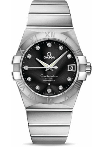 Omega Gents Constellation Chronometer Watch - 38 mm Brushed Steel Case - Black Diamond Dial - 123.10.38.21.51.001