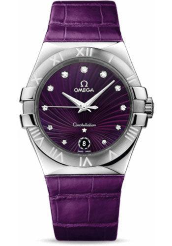 Omega Ladies Constellation Quartz Watch - 35 mm Brushed Steel Case - Purple Diamond Dial - Purple Leather Strap - 123.13.35.60.60.001