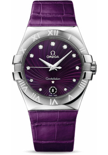 Omega Ladies Constellation Quartz Watch - 35 mm Brushed Steel Case - Purple Diamond Dial - Purple Leather Strap - 123.13.35.60.60.001
