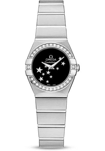 Omega Ladies Constellation Quartz Watch - 24 mm Brushed Steel Case - Diamond Bezel - Black Dial - 123.15.24.60.01.001