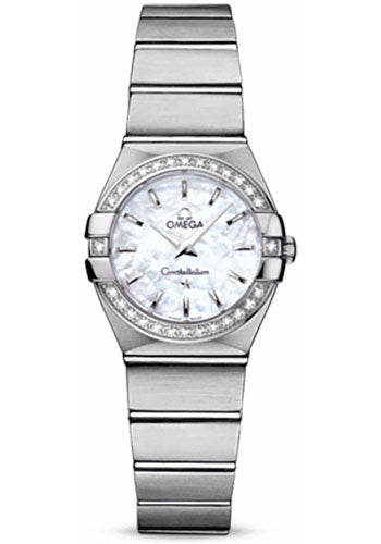 Omega Ladies Constellation Quartz Watch - 24 mm Brushed Steel Case - Diamond Bezel - Mother-Of-Pearl Dial - 123.15.24.60.05.001