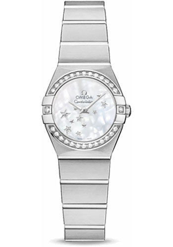 Omega Ladies Constellation Quartz Watch - 24 mm Brushed Steel Case - Diamond Bezel - Mother-Of-Pearl Dial - 123.15.24.60.05.003