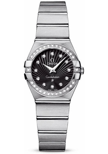 Omega Ladies Constellation Quartz Watch - 24 mm Brushed Steel Case - Diamond Bezel - Black Diamond Dial - 123.15.24.60.51.001