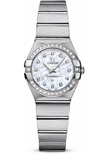 Omega Ladies Constellation Quartz Watch - 24 mm Brushed Steel Case - Diamond Bezel - Mother-Of-Pearl Diamond Dial - 123.15.24.60.55.001