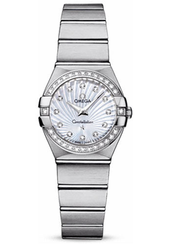 Omega Ladies Constellation Quartz Watch - 24 mm Brushed Steel Case - Diamond Bezel - Mother-Of-Pearl Diamond Dial - 123.15.24.60.55.002
