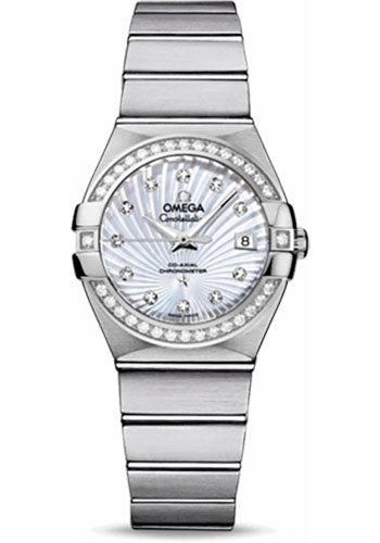 Omega Ladies Constellation Chronometer Watch - 27 mm Brushed Steel Case - Diamond Bezel - Mother-Of-Pearl Supernova Diamond Dial - 123.15.27.20.55.001