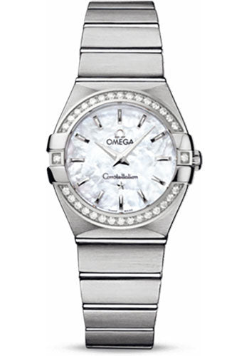 Omega Ladies Constellation Quartz Watch - 27 mm Brushed Steel Case - Diamond Bezel - MOP Dial - 123.15.27.60.05.001