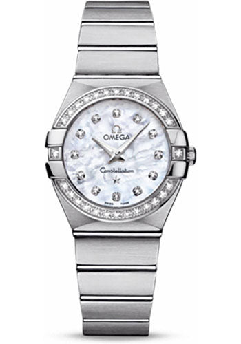 Omega Ladies Constellation Quartz Watch - 27 mm Brushed Steel Case - Diamond Bezel - Mother-Of-Pearl Diamond Dial - 123.15.27.60.55.001