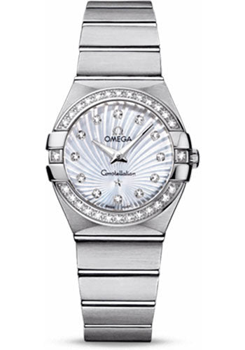 Omega Ladies Constellation Quartz Watch - 27 mm Brushed Steel Case - Diamond Bezel - Mother-Of-Pearl Diamond Dial - 123.15.27.60.55.002