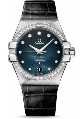 Omega Ladies Constellation Chronometer Watch - 35 mm Brushed Steel Case - Diamond Bezel - Blue Diamond Dial - Black Leather Strap - 123.18.35.20.56.001