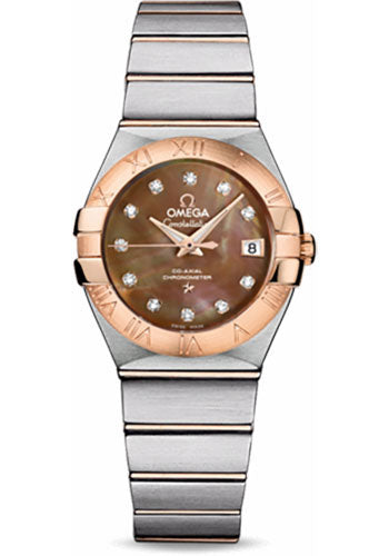 Omega Ladies Constellation Chronometer Watch - 27 mm Brushed Steel And Red Gold Case - Mother-Of-Pearl Diamond Dial - 123.20.27.20.57.001