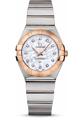 Omega Ladies Constellation Quartz Watch - 27 mm Brushed Steel And Red Gold Case - Mother-Of-Pearl Diamond Dial - 123.20.27.60.55.001