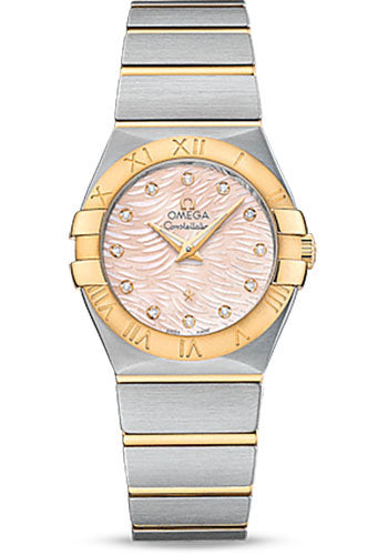 Omega Constellation Quartz Watch - 27 mm Steel Case - 18K Yellow Gold Bezel - Pink Mother-Of-Pearl Diamond Dial - 123.20.27.60.57.005