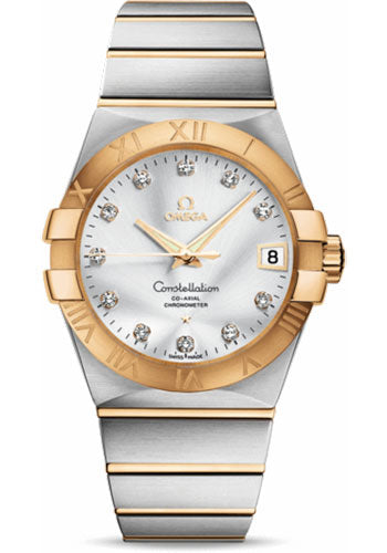 Omega Gents Constellation Chronometer Watch - 38 mm Brushed Steel And Yellow Gold Case - Silver Diamond Dial - 123.20.38.21.52.002