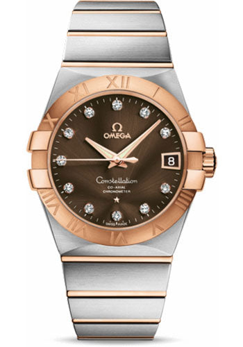 Omega Gents Constellation Chronometer Watch - 38 mm Brushed Steel And Red Gold Case - Brown Diamond Dial - 123.20.38.21.63.001