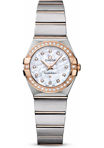 Omega Ladies Constellation Quartz Watch - 24 mm Brushed Steel And Red Gold Case - Diamond Bezel - Mother-Of-Pearl Diamond Dial - 123.25.24.60.55.001
