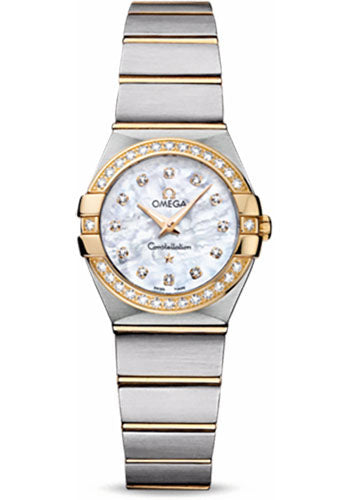 Omega Ladies Constellation Quartz Watch - 24 mm Brushed Steel And Yellow Gold Case - Diamond Bezel - Mother-Of-Pearl Diamond Dial - 123.25.24.60.55.003