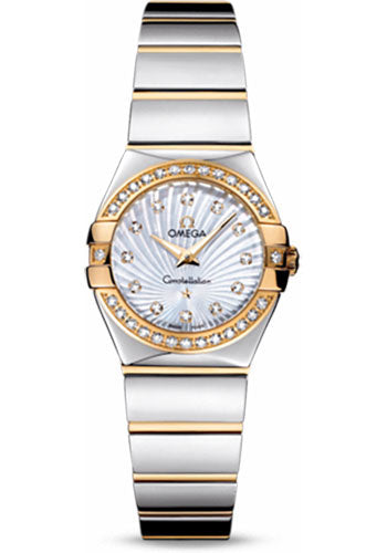 Omega Ladies Constellation Polished Quartz Watch - 24 mm Polished Steel And Yellow Gold Case - Diamond Bezel - Mother-Of-Pearl Diamond Dial - Steel And Yellow Gold Bracelet - 123.25.24.60.55.008
