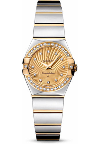 Omega Ladies Constellation Polished Quartz Watch - 24 mm Polished Steel And Yellow Gold Case - Diamond Bezel - Champagne Diamond Dial - Steel And Yellow Gold Bracelet - 123.25.24.60.58.002