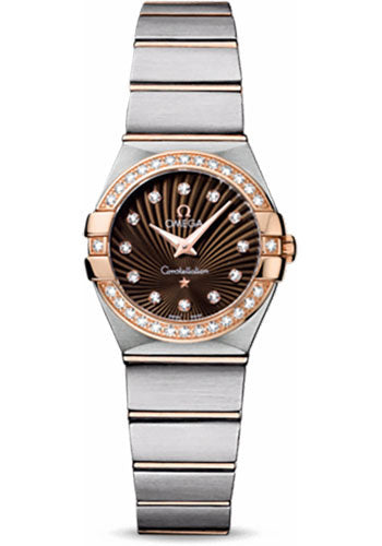 Omega Ladies Constellation Quartz Watch - 24 mm Brushed Steel And Red Gold Case - Diamond Bezel - Brown Diamond Dial - 123.25.24.60.63.001