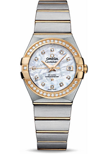 Omega Ladies Constellation Chronometer Watch - 27 mm Brushed Steel And Yellow Gold Case - Diamond Bezel - Mother-Of-Pearl Diamond Dial - 123.25.27.20.55.003