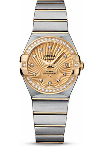Omega Ladies Constellation Chronometer Watch - 27 mm Brushed Steel And Yellow Gold Case - Diamond Bezel - Champagne Supernova Diamond Dial - 123.25.27.20.58.001