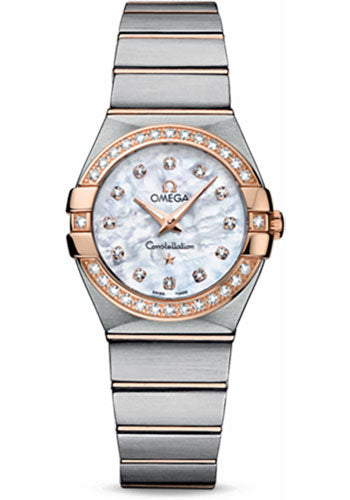 Omega Ladies Constellation Quartz Watch - 27 mm Brushed Steel And Red Gold Case - Diamond Bezel - Mother-Of-Pearl Diamond Dial - 123.25.27.60.55.001