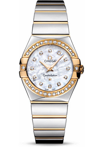 Omega Ladies Constellation Polished Quartz Watch - 27 mm Polished Steel And Yellow Gold Case - Diamond Bezel - Mother-Of-Pearl Diamond Dial - Steel And Yellow Gold Bracelet - 123.25.27.60.55.007