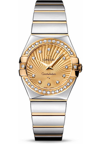 Omega Ladies Constellation Polished Quartz Watch - 27 mm Polished Steel And Yellow Gold Case - Diamond Bezel - Champagne Diamond Dial - Steel And Yellow Gold Bracelet - 123.25.27.60.58.002