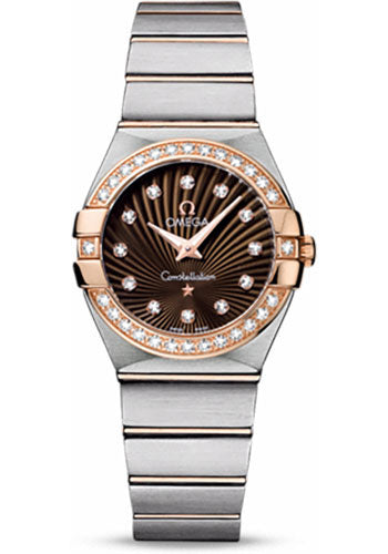 Omega Ladies Constellation Quartz Watch - 27 mm Brushed Steel And Red Gold Case - Diamond Bezel - Brown Diamond Dial - 123.25.27.60.63.001