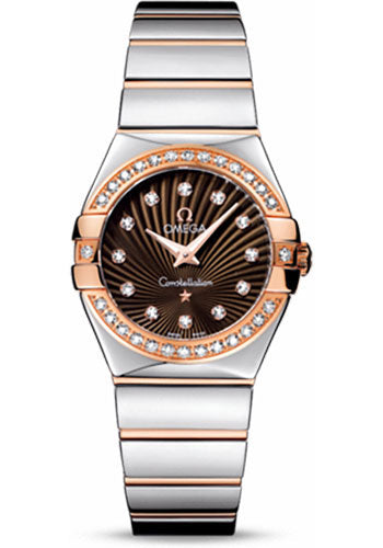 Omega Ladies Constellation Polished Quartz Watch - 27 mm Polished Steel And Red Gold Case - Diamond Bezel - Brown Diamond Dial - Steel And Red Gold Bracelet - 123.25.27.60.63.002