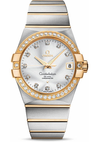 Omega Gents Constellation Chronometer Watch - 38 mm Brushed Steel And Yellow Gold Case - Diamond Bezel - Silver Diamond Dial - 123.25.38.21.52.002