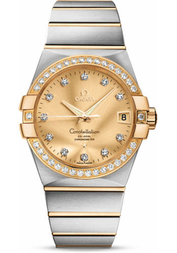 Omega Gents Constellation Chronometer Watch - 38 mm Brushed Steel And Yellow Gold Case - Diamond Bezel - Champagne Diamond Dial - 123.25.38.21.58.001