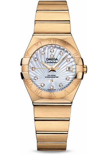 Omega Ladies Constellation Chronometer Watch - 27 mm Brushed Yellow Gold Case - Mother-Of-Pearl Supernova Diamond Dial - 123.50.27.20.55.002