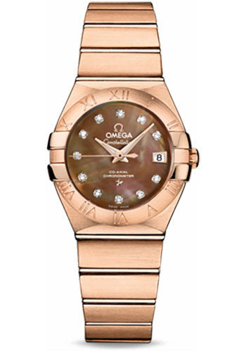 Omega Ladies Constellation Chronometer Watch - 27 mm Brushed Red Gold Case - Mother-Of-Pearl Diamond Dial - 123.50.27.20.57.001