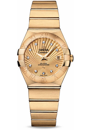 Omega Ladies Constellation Chronometer Watch - 27 mm Brushed Yellow Gold Case - Champagne Supernova Diamond Dial - 123.50.27.20.58.001