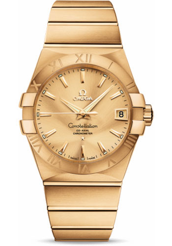 Omega Gents Constellation Chronometer Watch - 38 mm Brushed Yellow Gold Case - Champagne Dial - 123.50.38.21.08.001