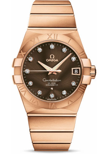 Omega Gents Constellation Chronometer Watch - 38 mm Brushed Red Gold Case - Brown Diamond Dial - 123.50.38.21.63.001