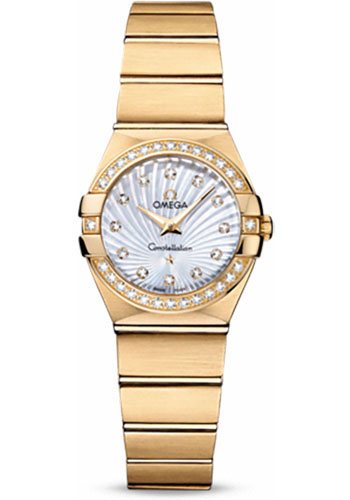 Omega Ladies Constellation Quartz Watch - 24 mm Brushed Yellow Gold Case - Diamond Bezel - Mother-Of-Pearl Diamond Dial - 123.55.24.60.55.003