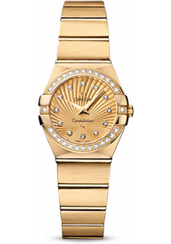 Omega Ladies Constellation Quartz Watch - 24 mm Brushed Yellow Gold Case - Diamond Bezel - Champagne Diamond Dial - 123.55.24.60.58.001