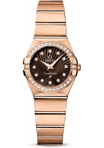Omega Ladies Constellation Quartz Watch - 24 mm Brushed Red Gold Case - Diamond Bezel - Brown Diamond Dial - 123.55.24.60.63.001