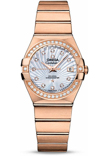 Omega Ladies Constellation Chronometer Watch - 27 mm Brushed Red Gold Case - Diamond Bezel - Mother-Of-Pearl Supernova Diamond Dial - 123.55.27.20.55.001