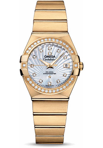 Omega Ladies Constellation Chronometer Watch - 27 mm Brushed Yellow Gold Case - Diamond Bezel - Mother-Of-Pearl Supernova Diamond Dial - 123.55.27.20.55.002
