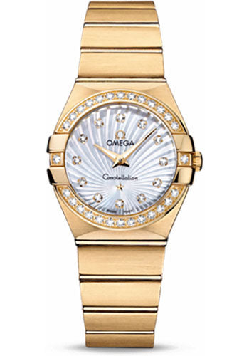 Omega Ladies Constellation Quartz Watch - 27 mm Brushed Yellow Gold Case - Diamond Bezel - Mother-Of-Pearl Diamond Dial - 123.55.27.60.55.003