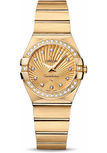 Omega Ladies Constellation Quartz Watch - 27 mm Brushed Yellow Gold Case - Diamond Bezel - Champagne Diamond Dial - 123.55.27.60.58.001