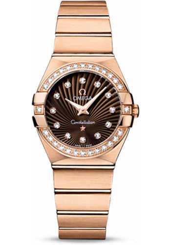 Omega Ladies Constellation Quartz Watch - 27 mm Brushed Red Gold Case - Diamond Bezel - Brown Diamond Dial - 123.55.27.60.63.001