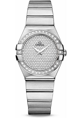 Omega Ladies Constellation Quartz Watch - 27 mm Brushed White Gold Case - Diamond Bezel - Diamond Paved Dial - 123.55.27.60.99.001